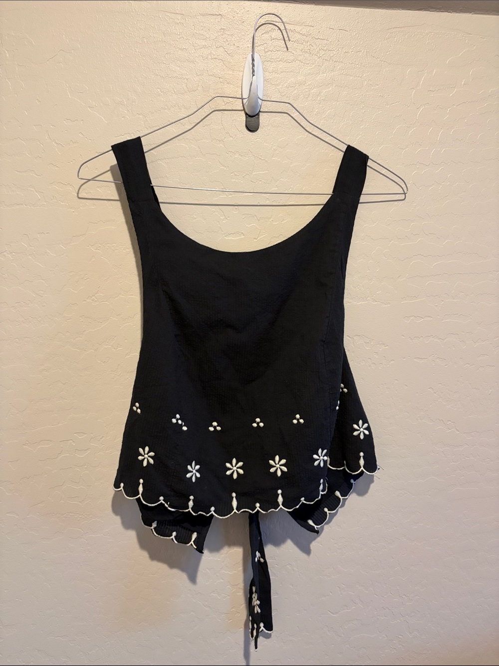 NWOT Free People Black Camisole with White Floral Embroidery and Tie-Back